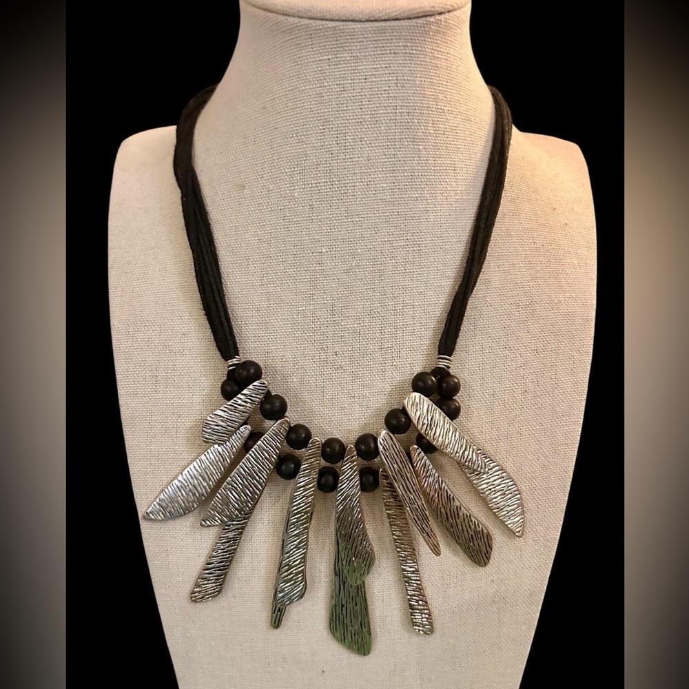 Boho Silver-tone Artisan and Black Beaded Necklace on Multi-cord Strings - Picture 4 of 7